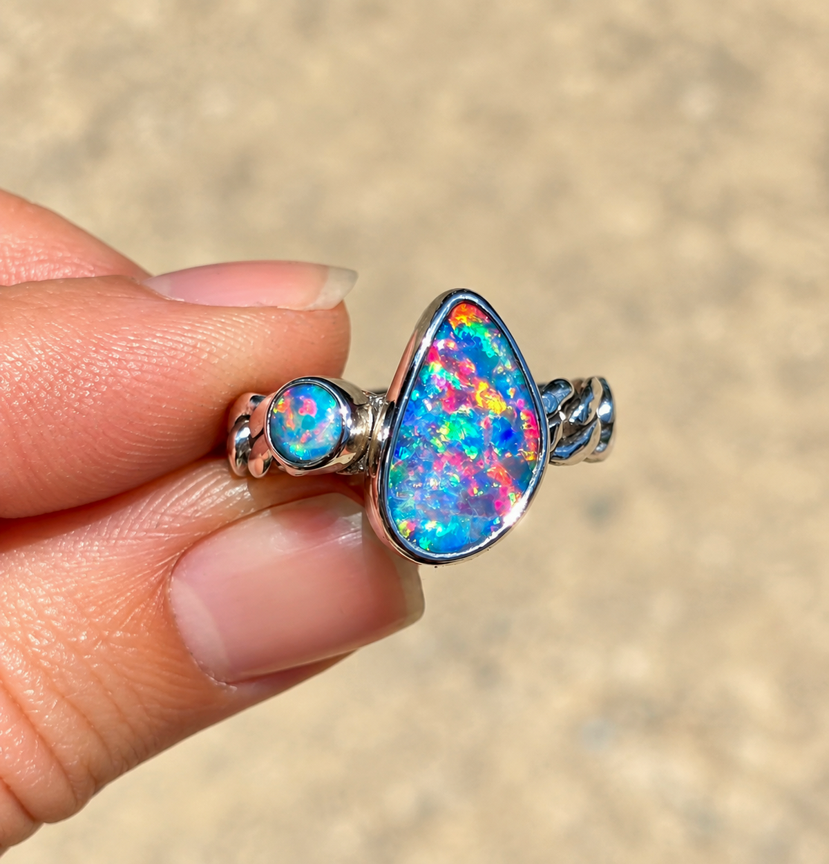 Opal Curb Chain Ring Size 7