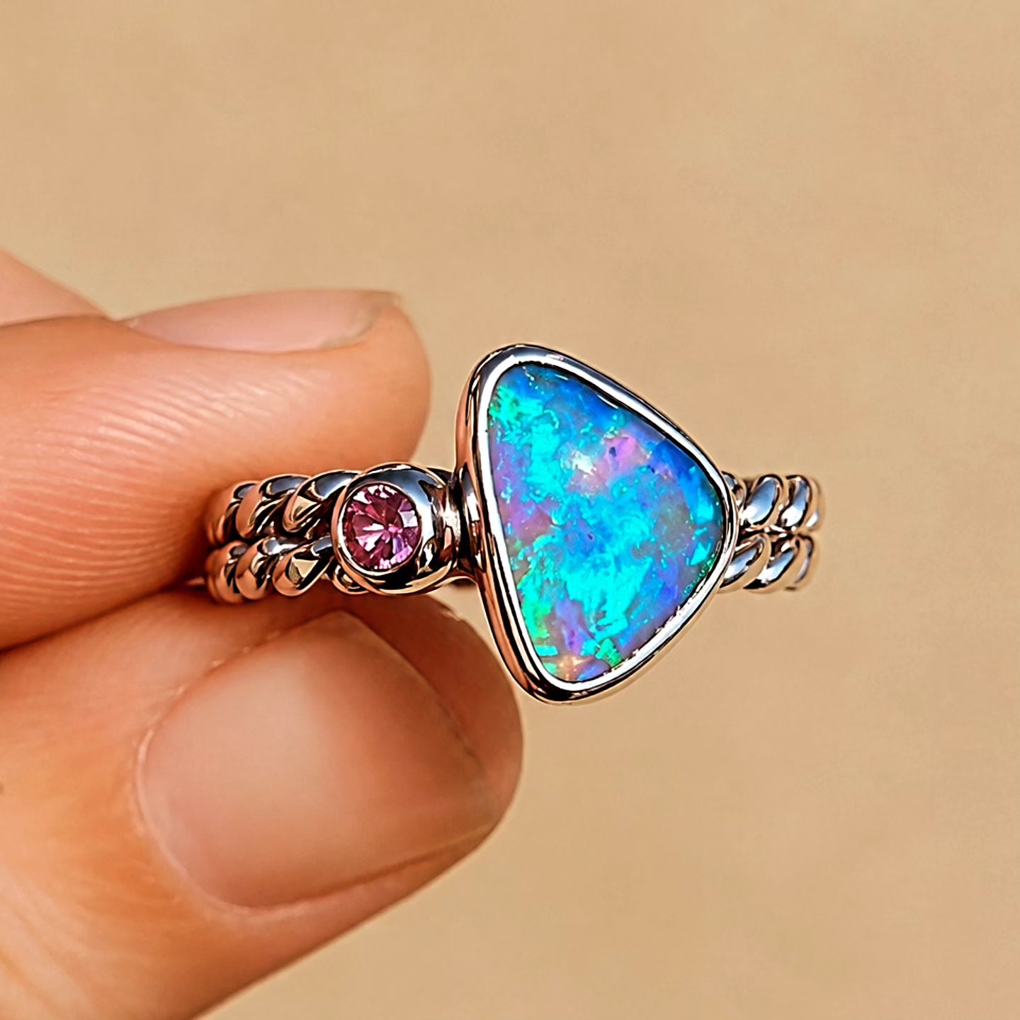 Opal Pink Sapphire Curb Chain Ring Size 7