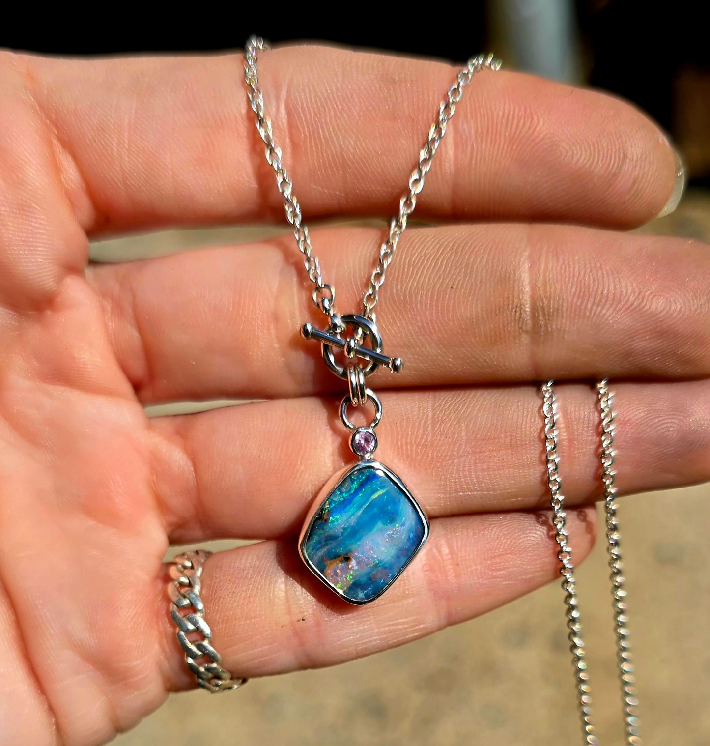 Boulder Opal Pink Sapphire Toggle Necklace