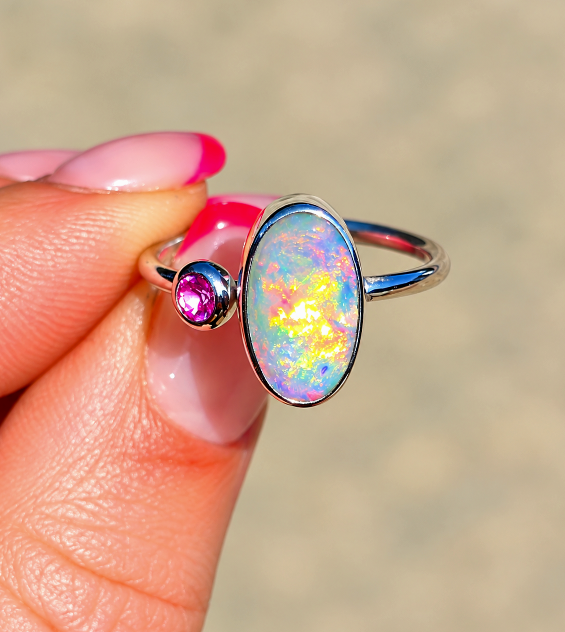 Australian Opal Pink Sapphire Ring Size 8