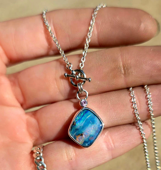 Boulder Opal Pink Sapphire Toggle Necklace