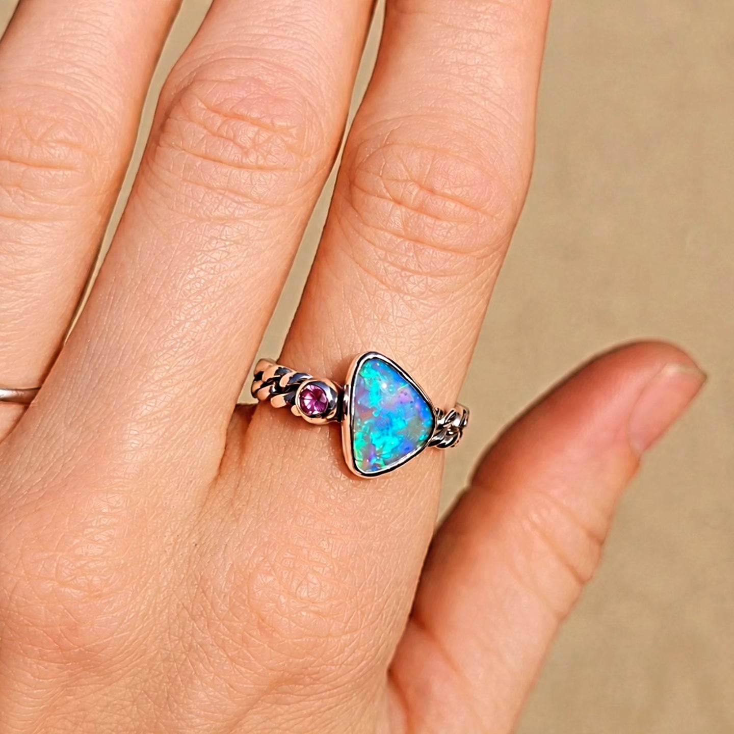 Opal Pink Sapphire Curb Chain Ring Size 7