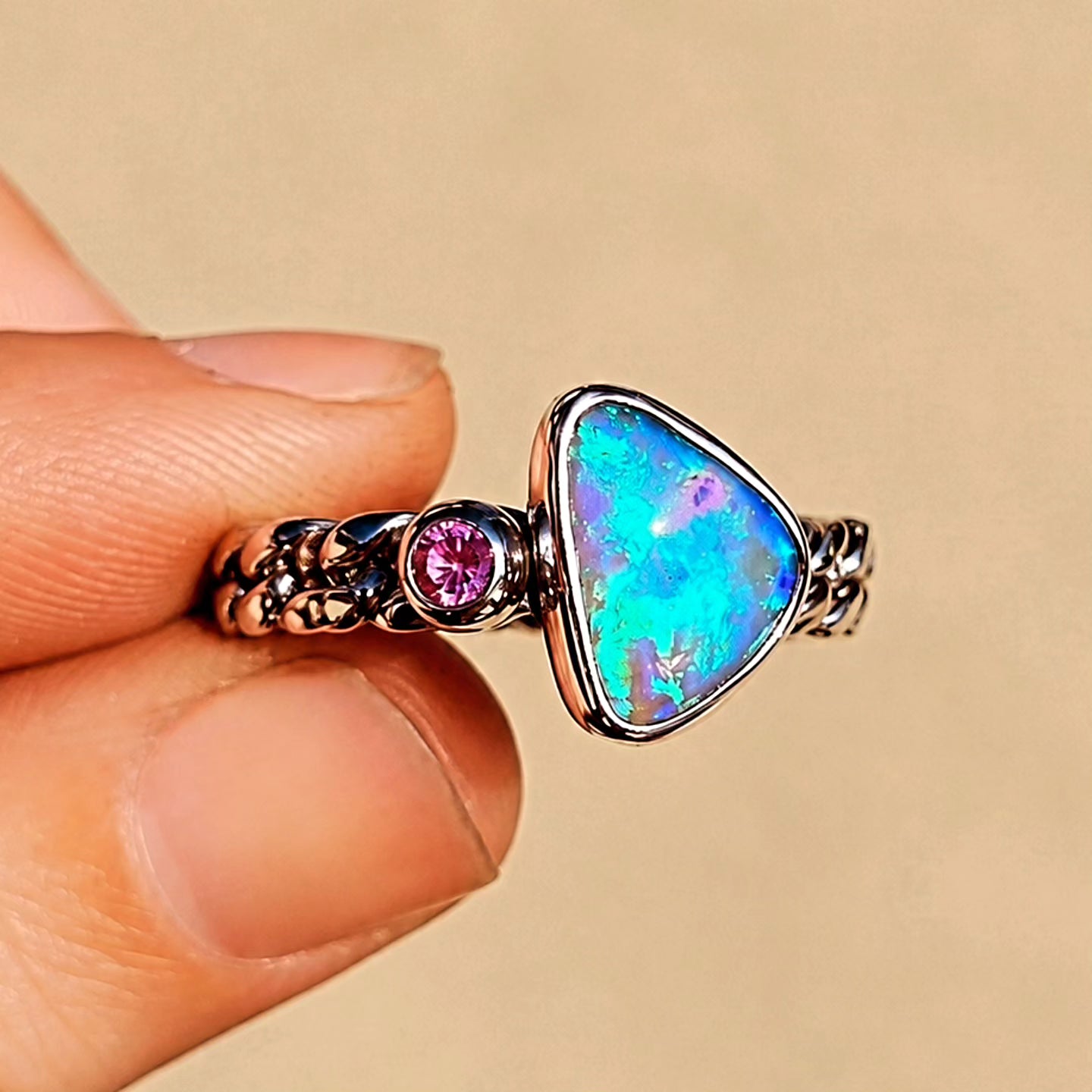Opal Pink Sapphire Curb Chain Ring Size 7