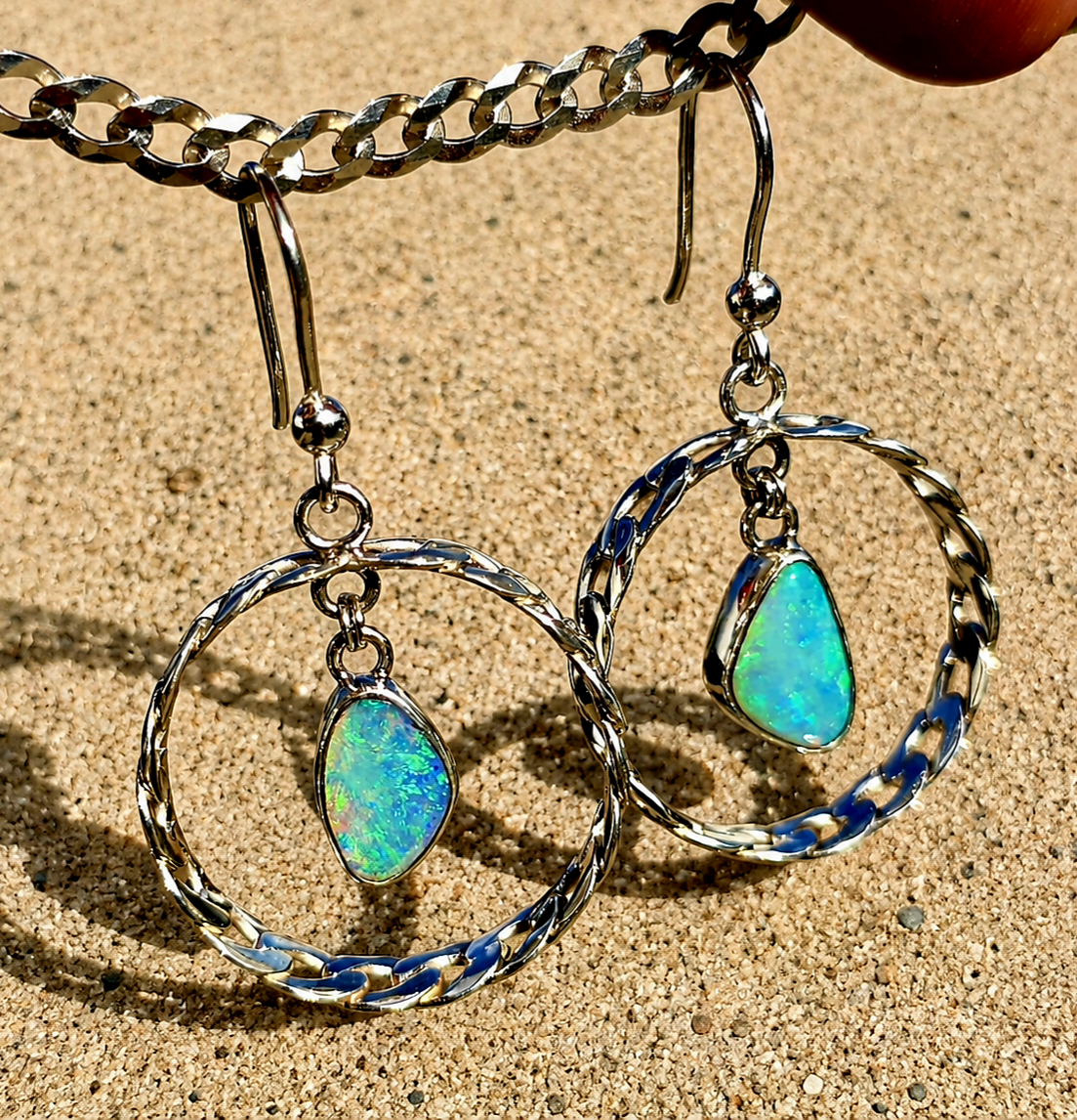 Australian Opal Curb Chain Hoops