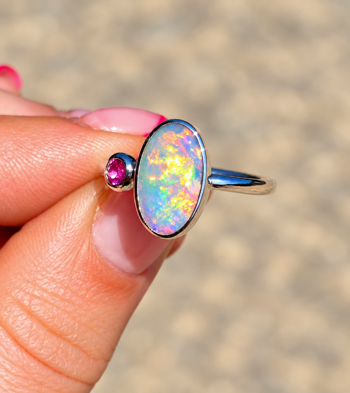 Australian Opal Pink Sapphire Ring Size 8