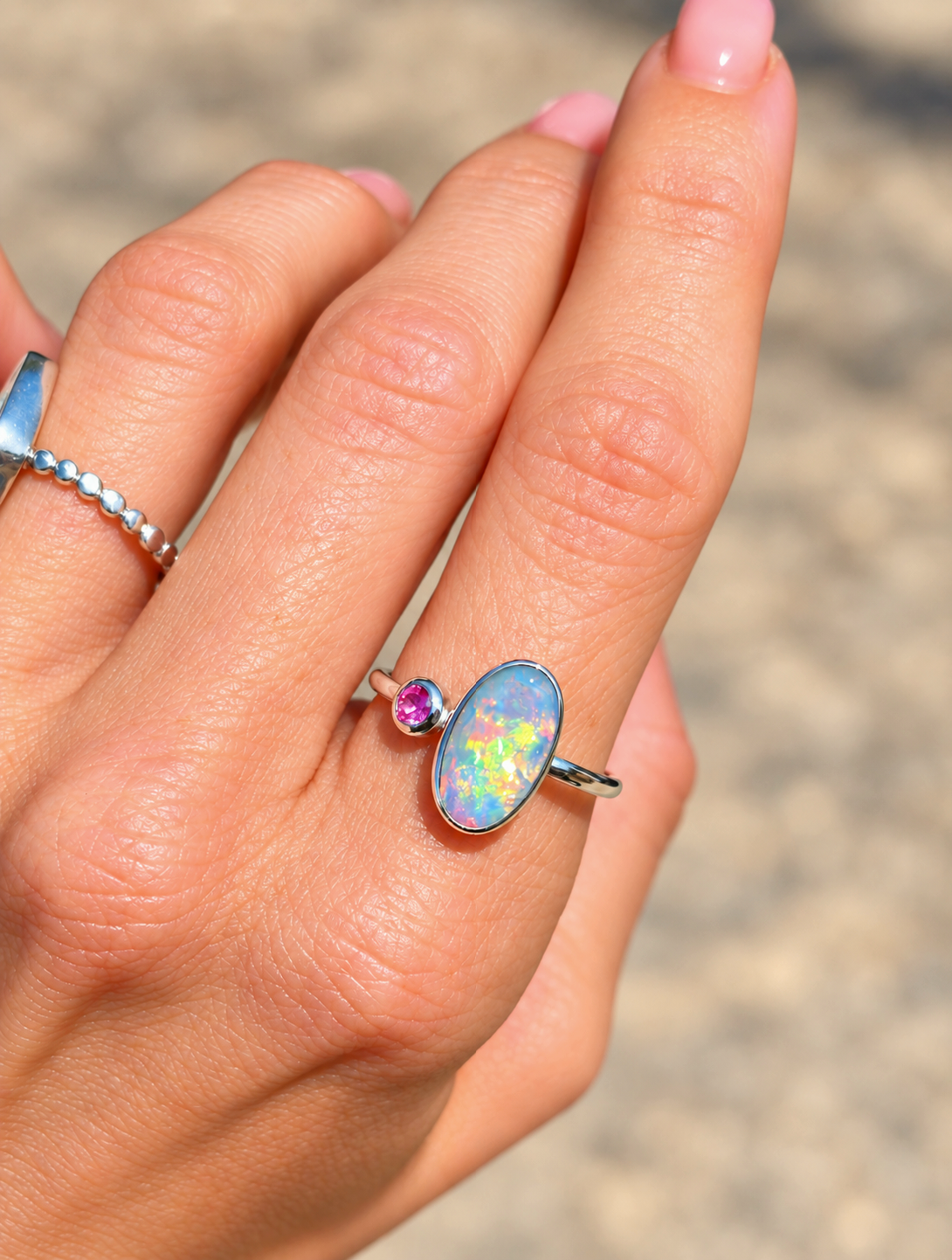 Australian Opal Pink Sapphire Ring Size 8