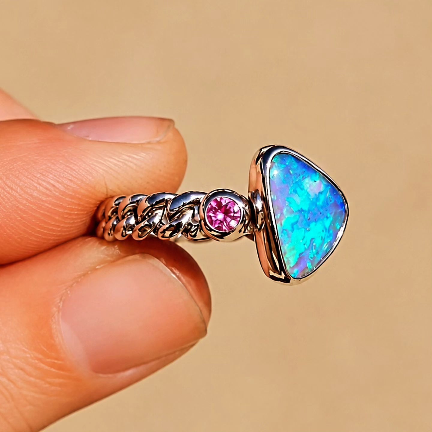 Opal Pink Sapphire Curb Chain Ring Size 7