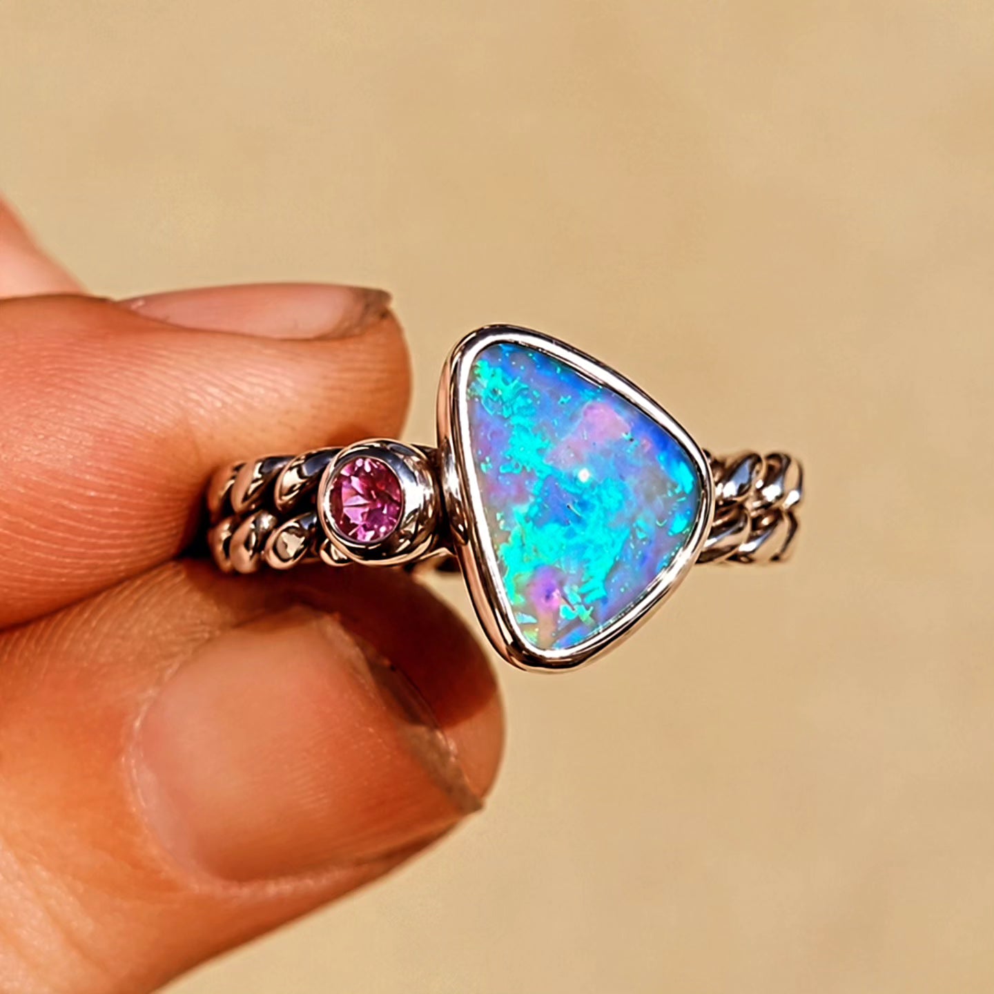 Opal Pink Sapphire Curb Chain Ring Size 7