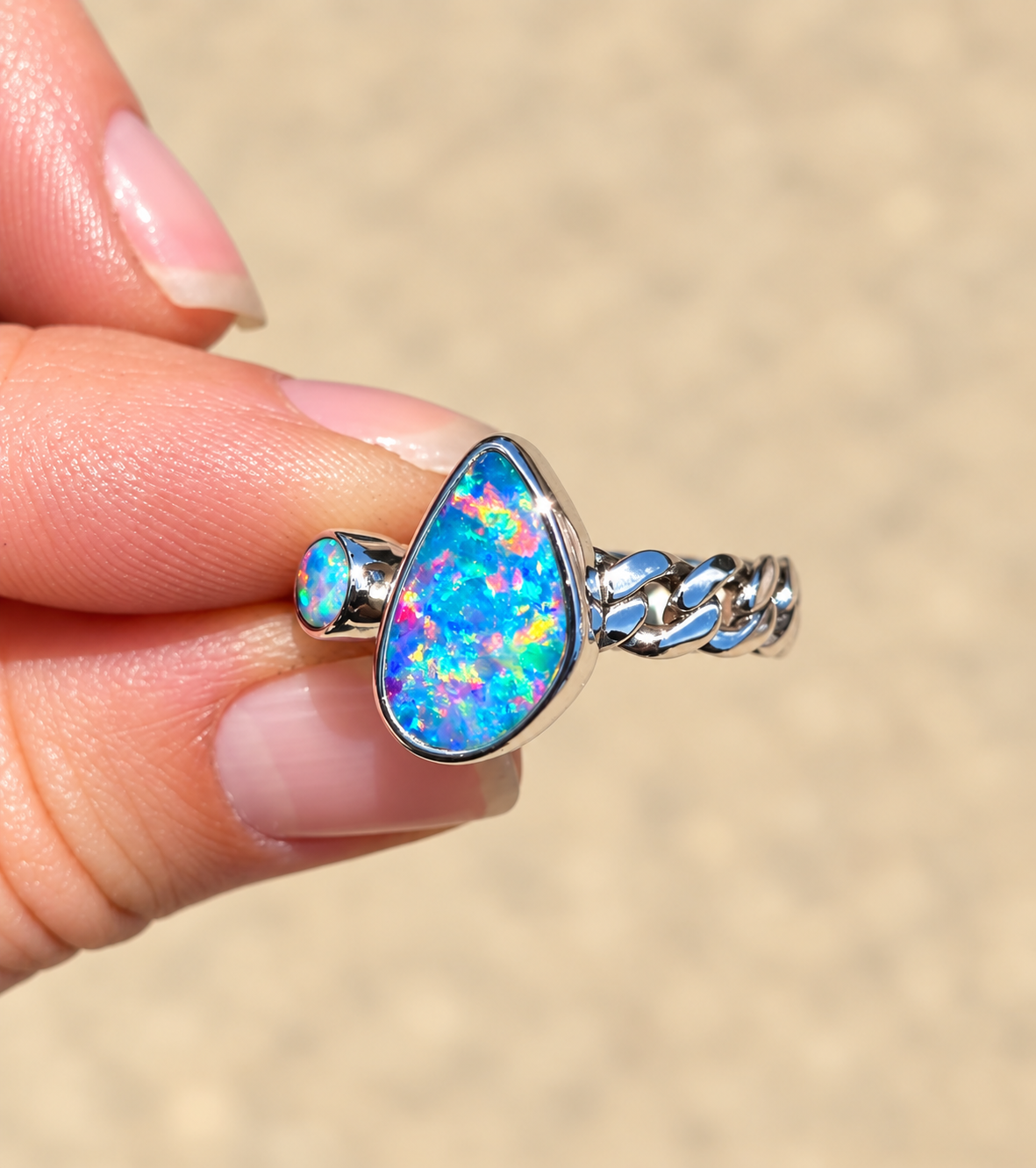Opal Curb Chain Ring Size 7